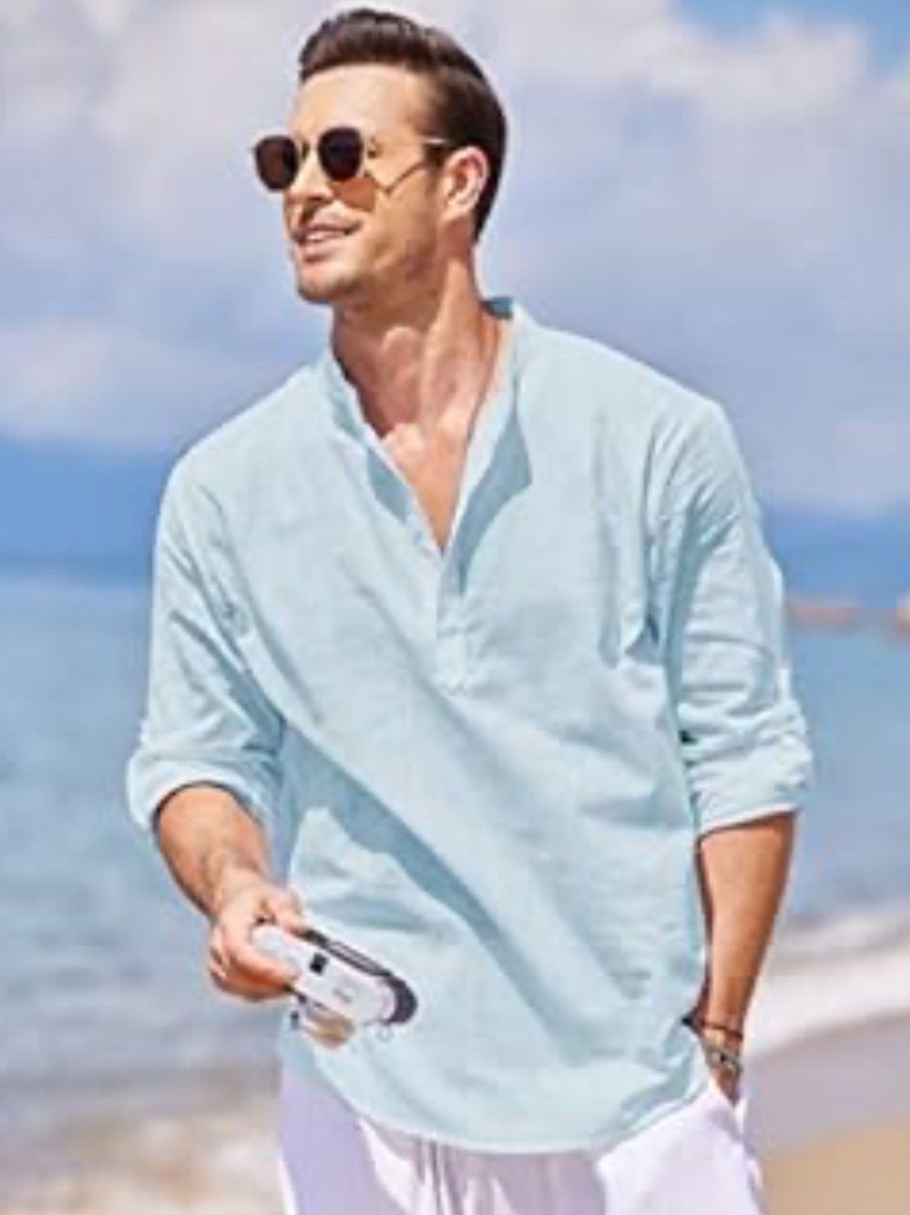 CoofAndy Cotton Hemp Henley Beachy Ice Blue Coastal Preppy Roll Tab Shirt XL